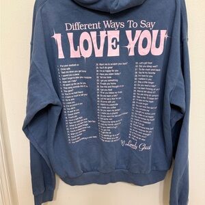 LONELY GHOST Blue Hoodie with Pink Text